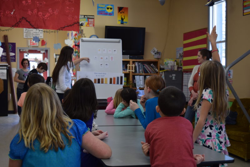 Kids sit at a table and look toward the front of the room as Harney District Hospital outreach coordinators teach a health lesson.