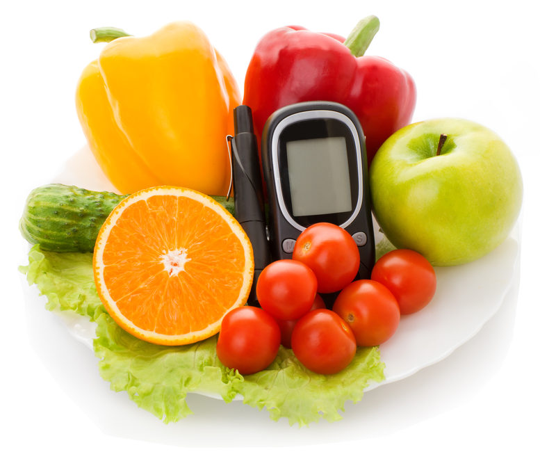 glucometer for glucose level and healthy organic food on a white background. Diabetes concept